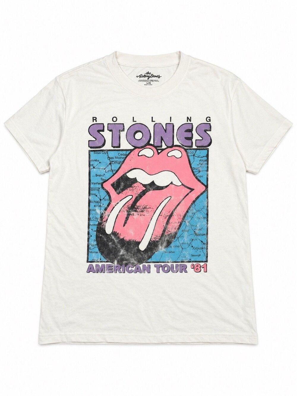 Rolling Stones American Tour 81 Cream Pink Tongue Graphic Band Tee L Retro - Picture 1 of 3